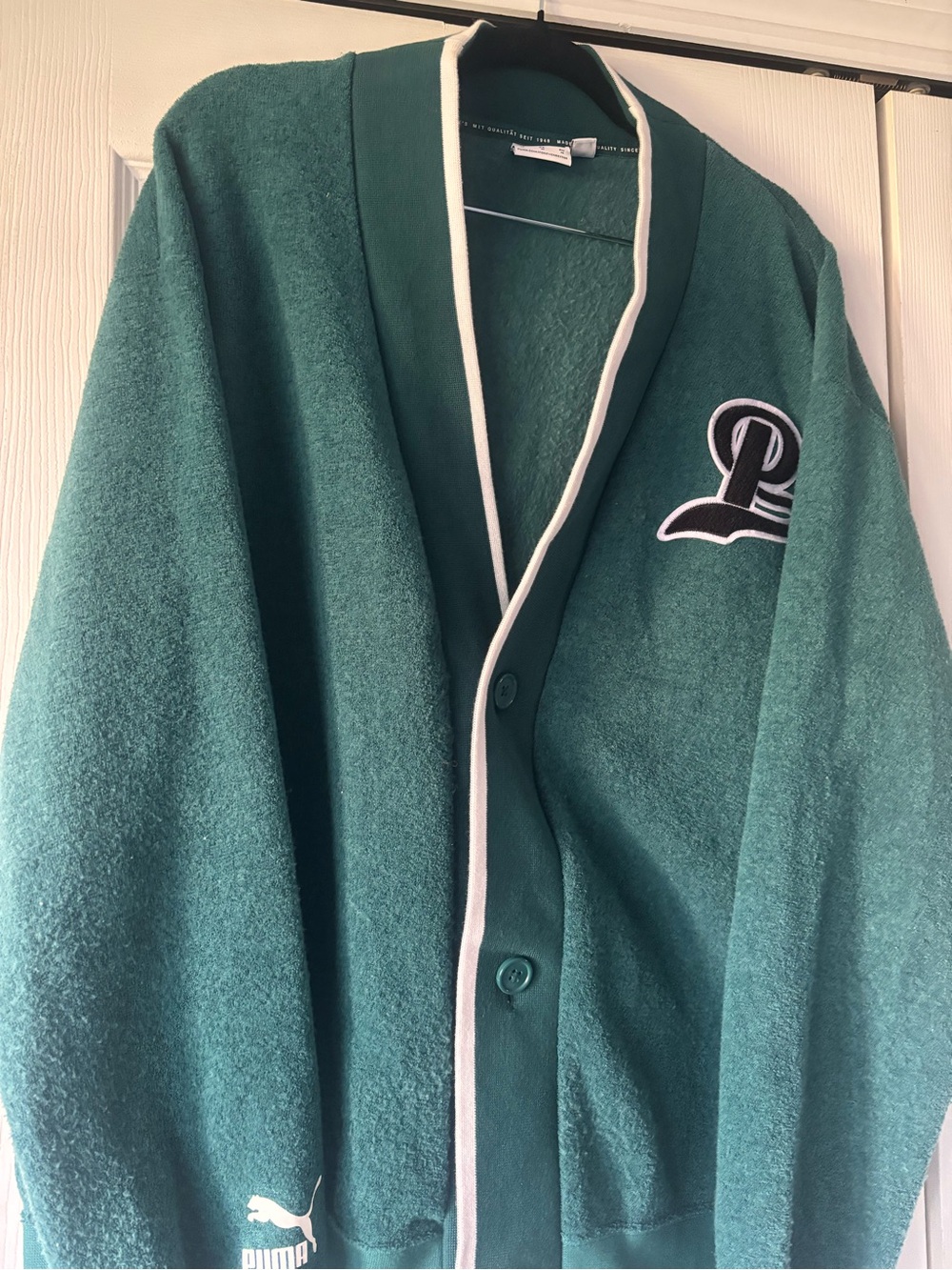 Puma Men's Teal Bomber-Style Cardigan with White Trim